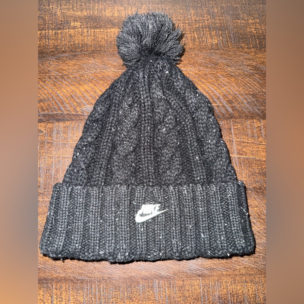 Nike Black Knit Pom Beanie with White Swoosh Logo